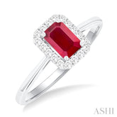 6x4 MM Octagonal Shape Ruby and 1/6 Ctw Round Cut Diamond Halo Precious Ring in 10K White Gold